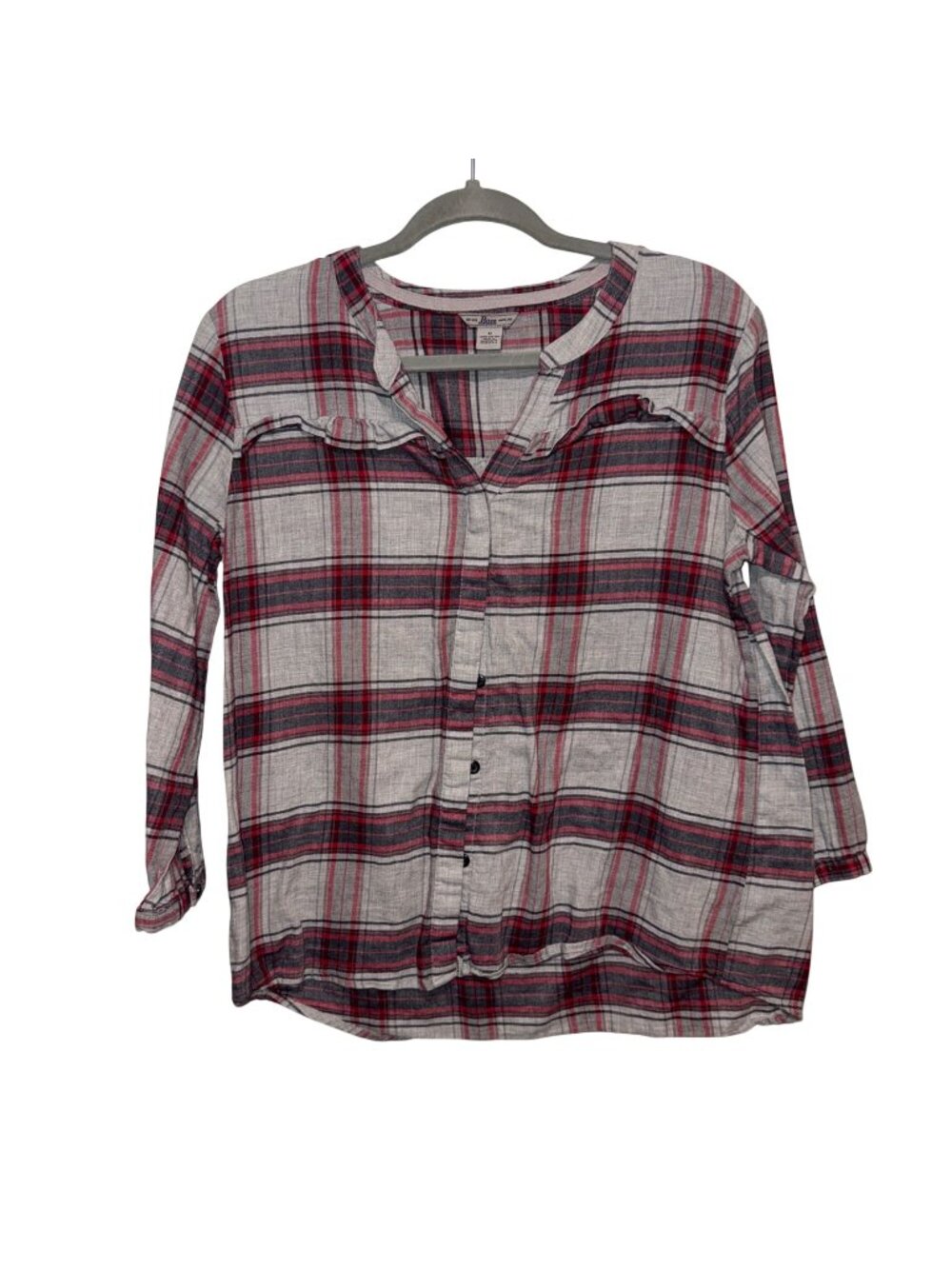Bass Womens Plaid Button-Down Shirt Red & Gray Size M 100% Cotton Long Sleeves